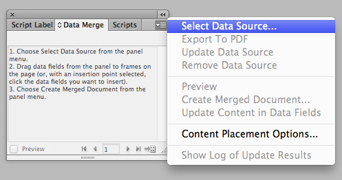 How to select data to merge in indesign cs6
