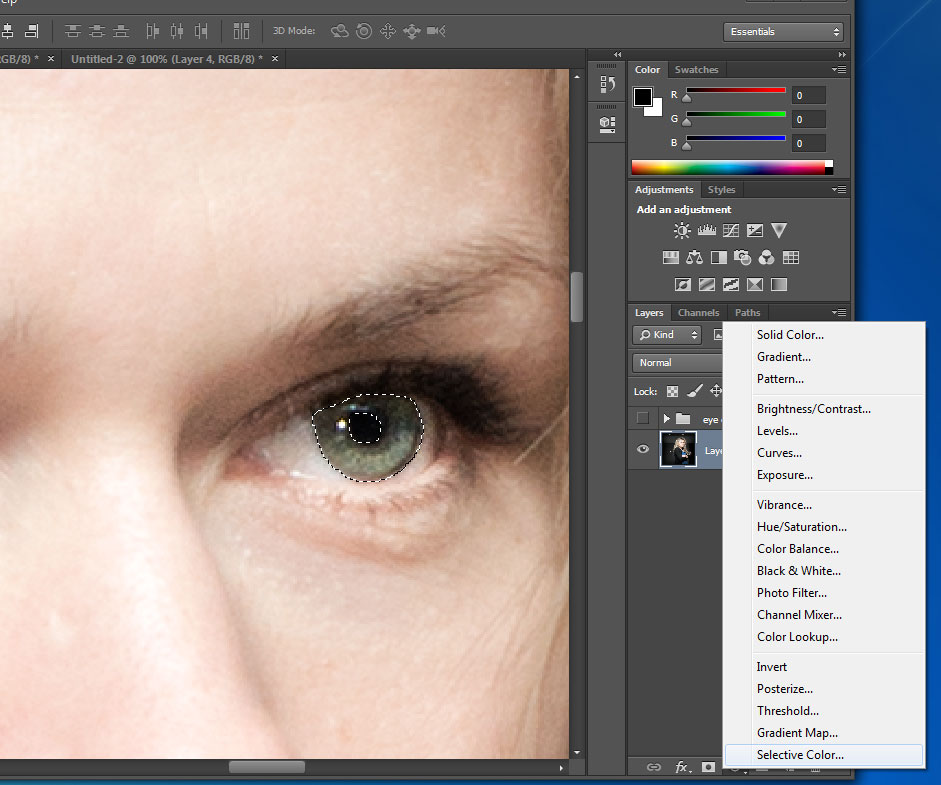 Change eye color in photoshop CC (also in CS6) - selective color adjustment layer