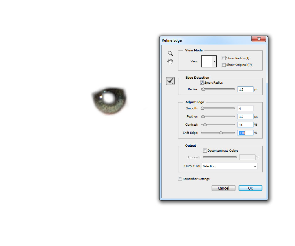 Change eye color in photoshop CC (also in CS6) - refine edge - smooth